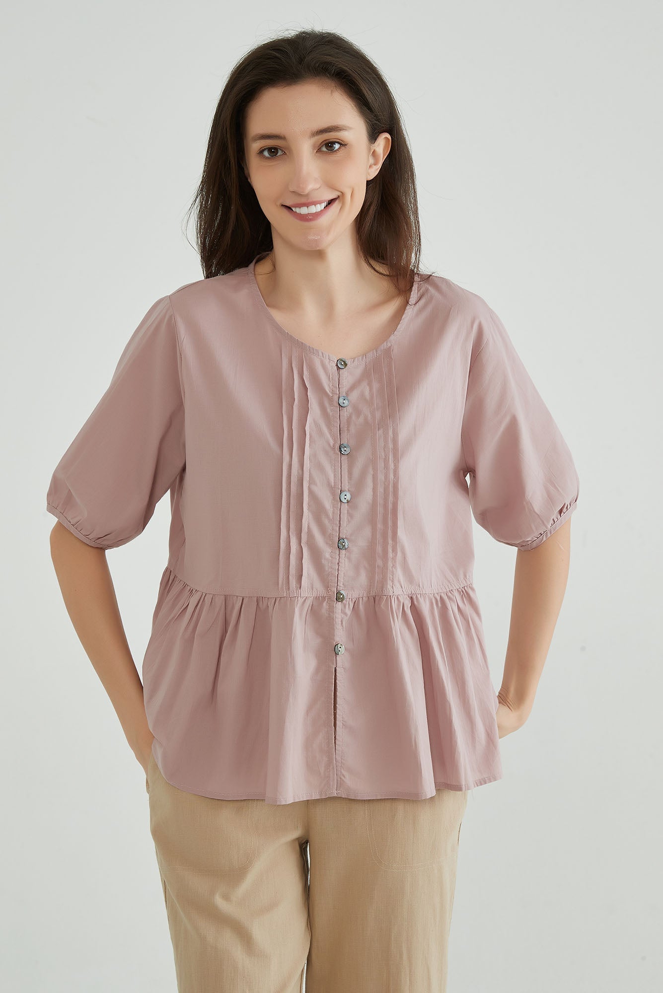Pink Cotton Linen Crinkle Top - Whisper Mint